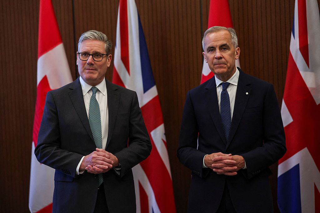 U.K. Prime Minister Keir Starmer and Canadian Prime Minister Mark Carney meet before the start of the G7 summit at Parliament Hill on June 15, 2025 in Ottawa, Canada.